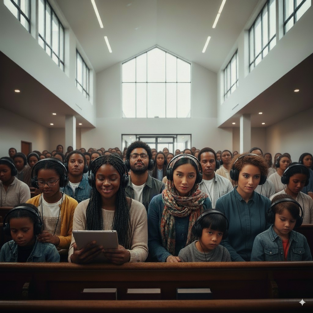 Congregation wearing translation headsets